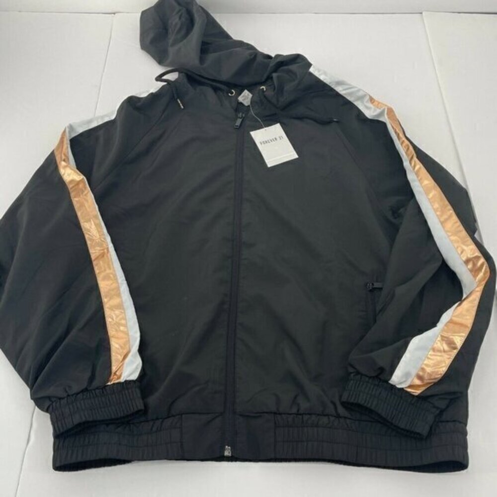 Forever21 Jacket Small Womens Black Gold Striped Hoodie Full Zip Casual Classic